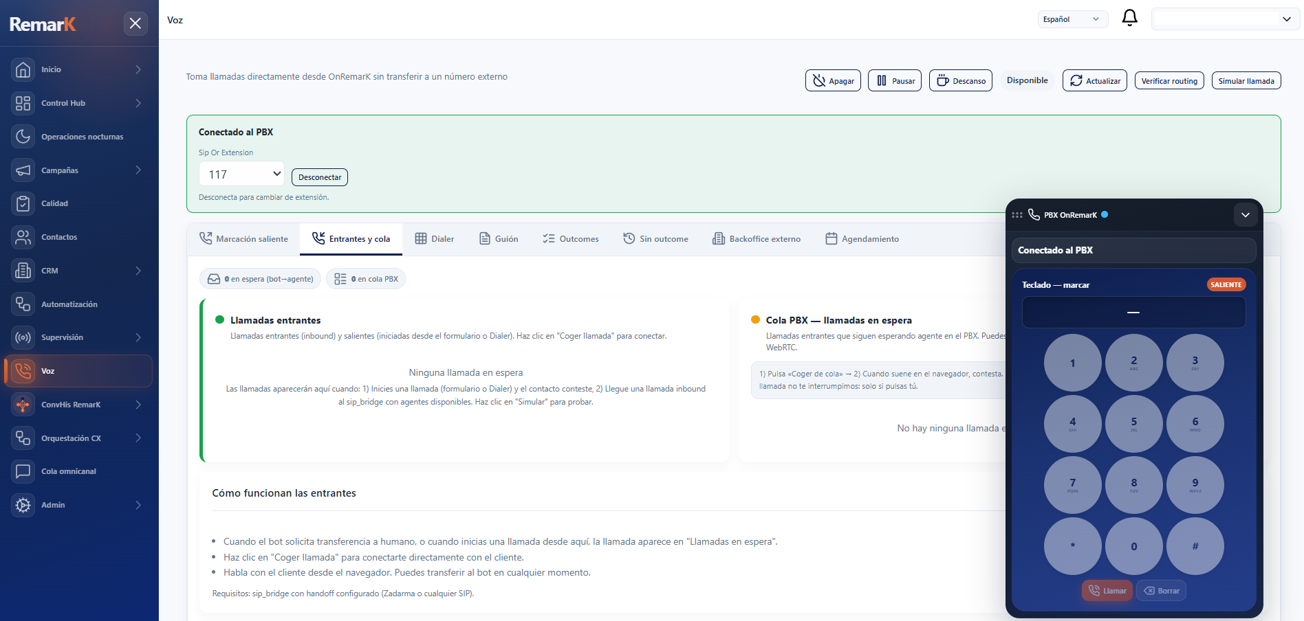 Módulo de voz y PBX en OnRemarK